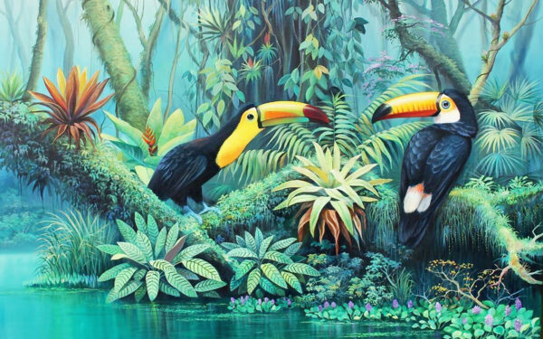 Pittura di uccelli in una foresta Pittura di uccelli in una foresta