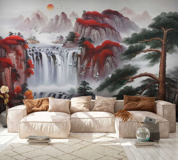 Pittura di una cascata e di alberi Pittura di una cascata e di alberi