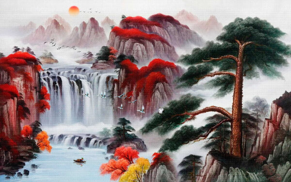 Pittura di una cascata e di alberi Pittura di una cascata e di alberi