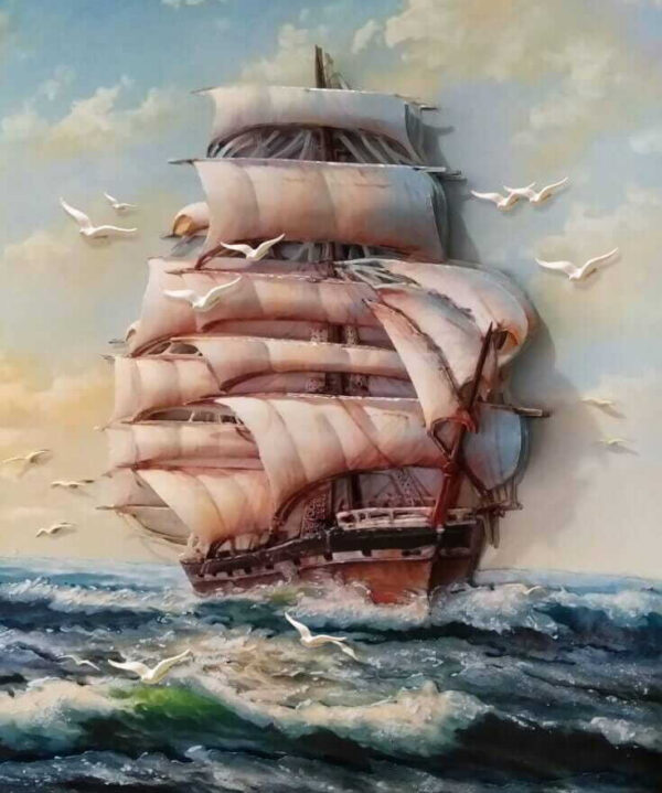 Dipinto di una nave con vele e uccelli in volo Dipinto di una nave con vele e uccelli in volo