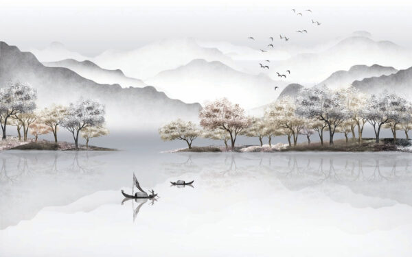 Pittura di un lago con alberi e montagne Pittura di un lago con alberi e montagne
