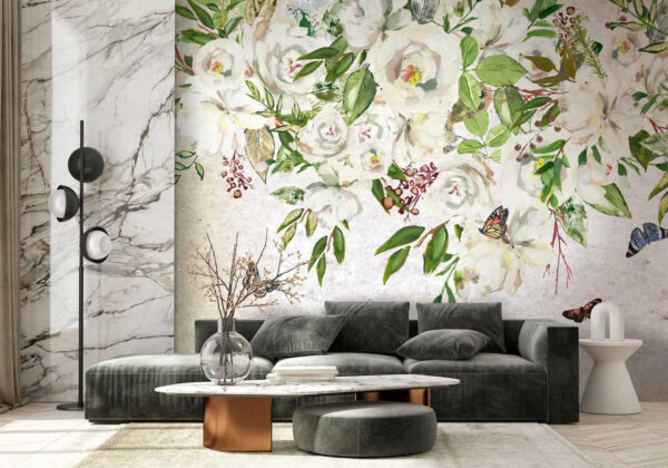 Pittura di fiori bianchi e farfalle Pittura di fiori bianchi e farfalle