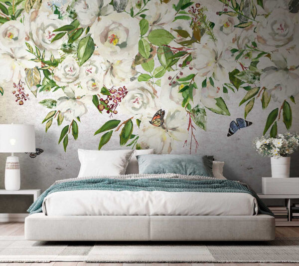 Pittura di fiori bianchi e farfalle Pittura di fiori bianchi e farfalle