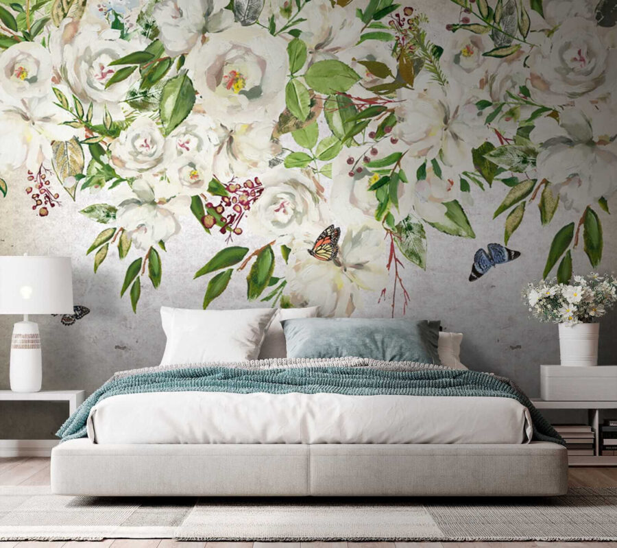 Pittura di fiori bianchi e farfalle Pittura di fiori bianchi e farfalle