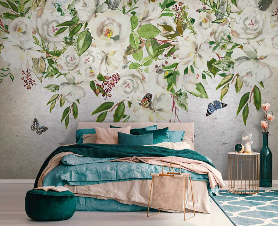 Pittura di fiori bianchi e farfalle Pittura di fiori bianchi e farfalle