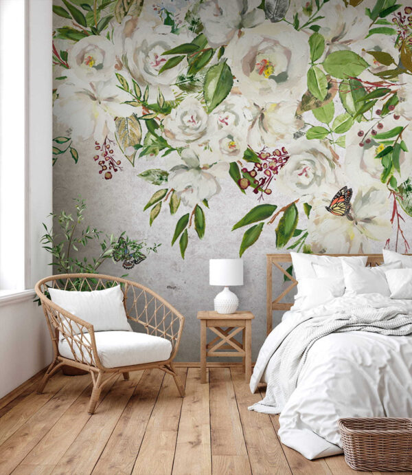 Pittura di fiori bianchi e farfalle Pittura di fiori bianchi e farfalle