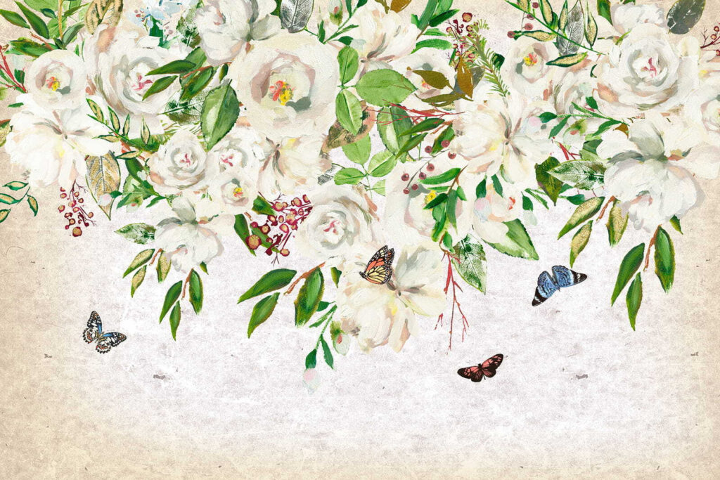 Pittura di fiori bianchi e farfalle Pittura di fiori bianchi e farfalle