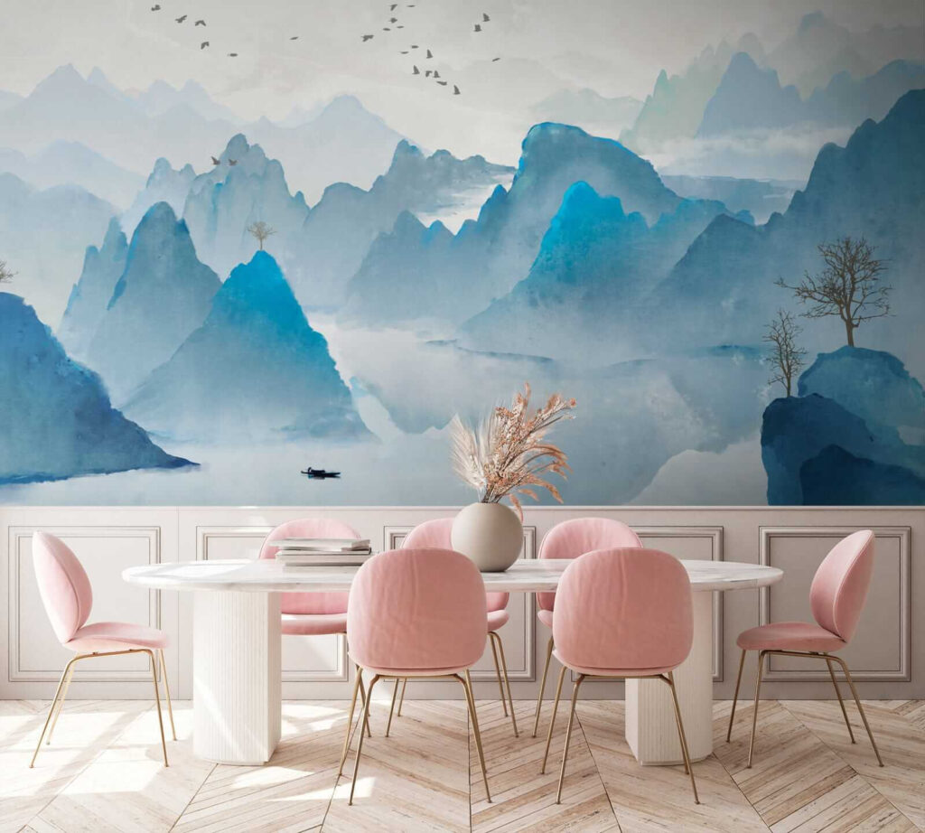 Watercolor painting of mountains and birds