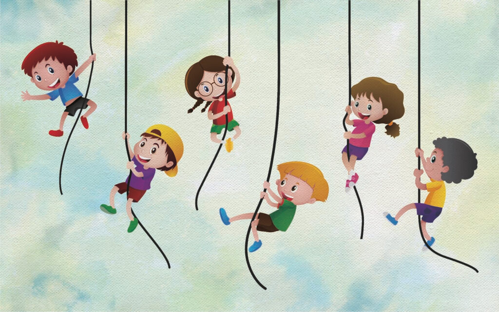 Gruppo di bambini che si arrampicano sulle corde Gruppo di bambini che si arrampicano sulle corde