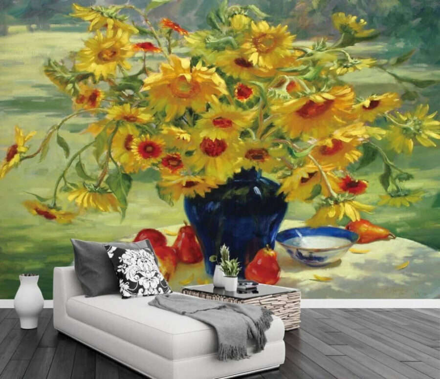 Pittura di un vaso di fiori gialli e frutta Pittura di un vaso di fiori gialli e frutta