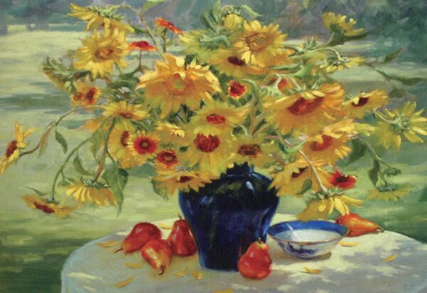 Pittura di un vaso di fiori gialli e frutta Pittura di un vaso di fiori gialli e frutta