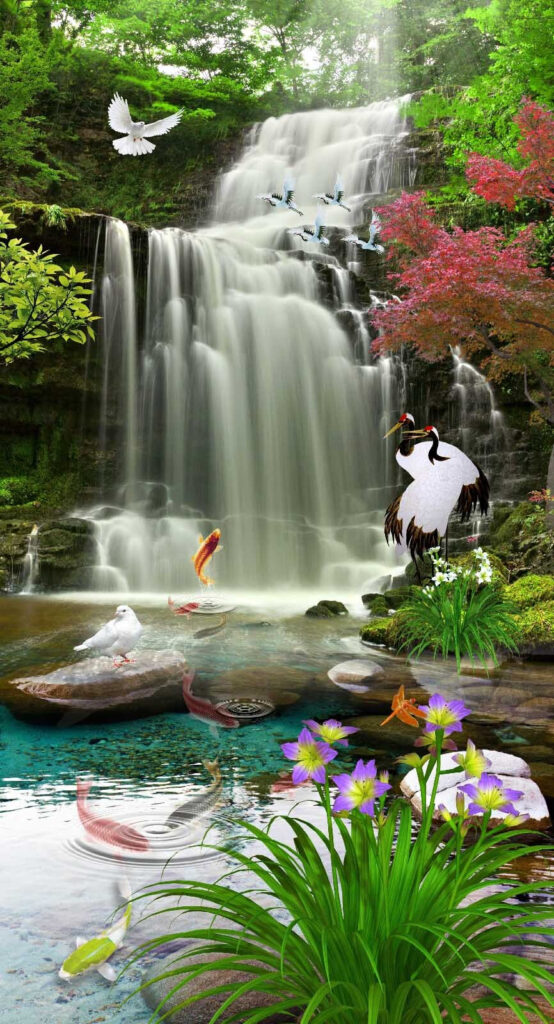 Cascata con uccelli e pesci Cascata con uccelli e pesci