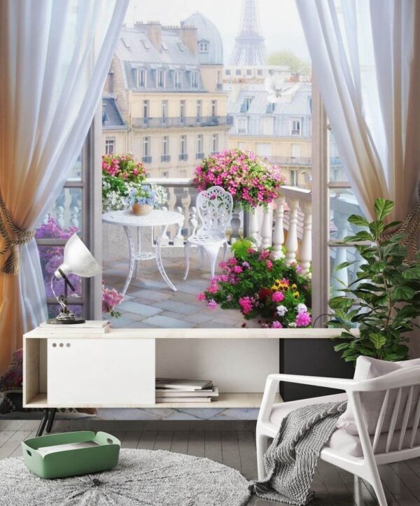 Veduta di un balcone con vista sulla torre eiffel dalla finestra Veduta di un balcone con vista sulla torre eiffel dalla finestra