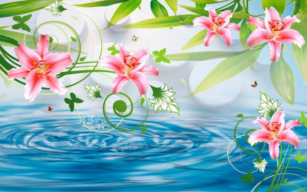 Fiori rosa e foglie verdi sull'acqua Fiori rosa e foglie verdi sull'acqua