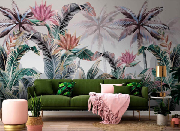 Carta da parati con palme e fiori Carta da parati con palme e fiori