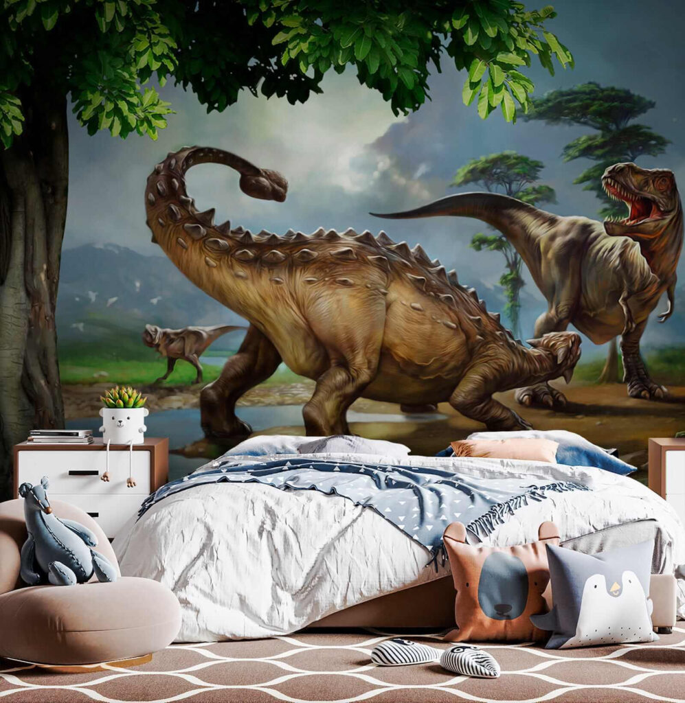Painting of dinosaurs near a river