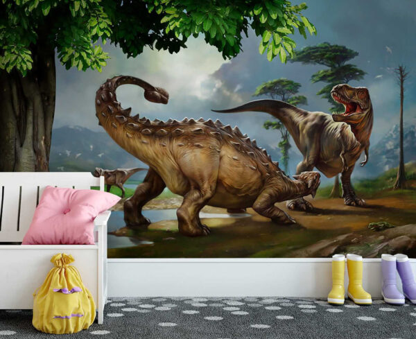 Pittura di dinosauri vicino a un fiume Pittura di dinosauri vicino a un fiume