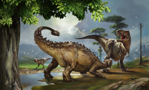 Pittura di dinosauri vicino a un fiume Pittura di dinosauri vicino a un fiume