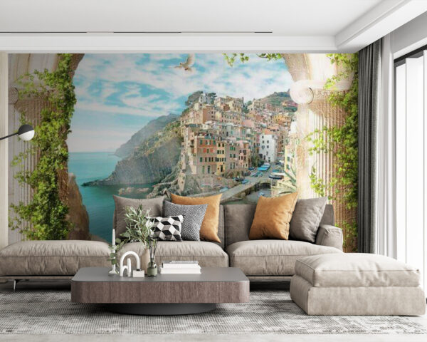 Arco in pietra con vista su una città e sull'acqua Arco in pietra con vista su una città e sull'acqua