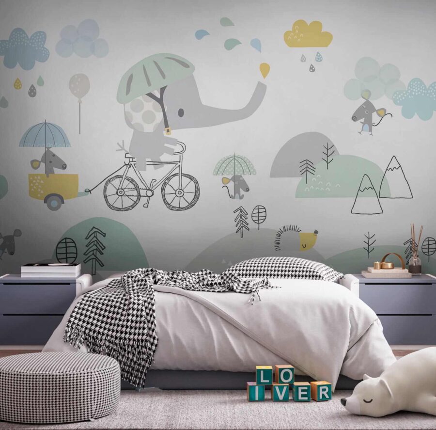 Elefante dei cartoni animati in bicicletta