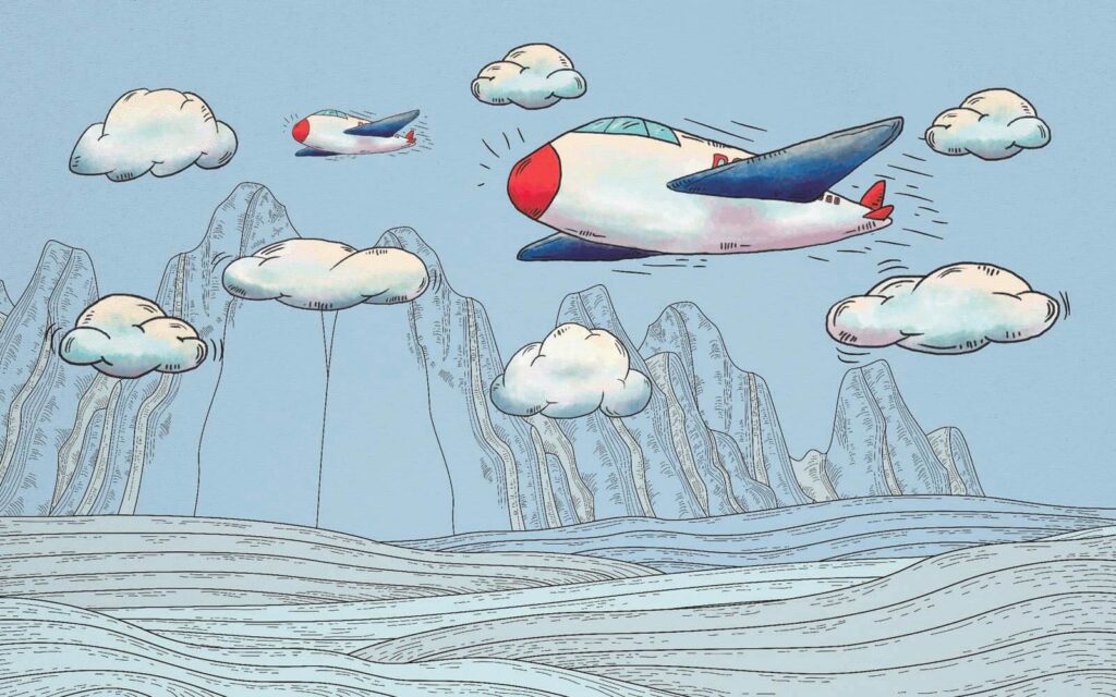 Cartone animato di aerei che sorvolano le montagne Cartone animato di aerei che sorvolano le montagne