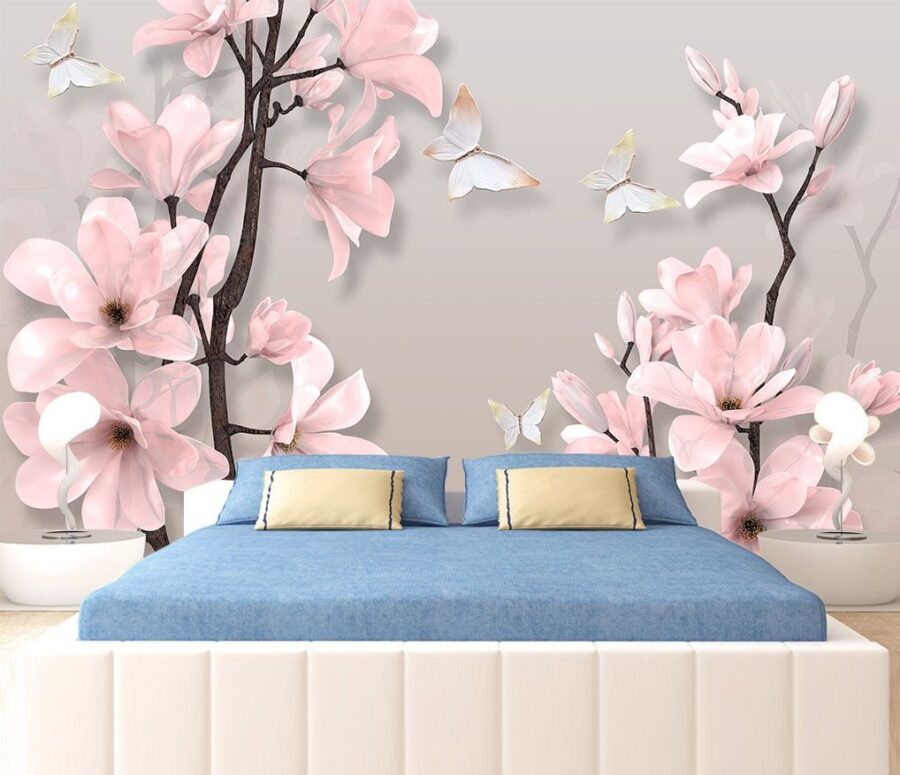 Fiori rosa e farfalle su un albero