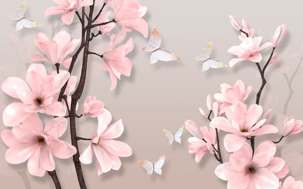 Fiori rosa e farfalle su un albero Fiori rosa e farfalle su un albero