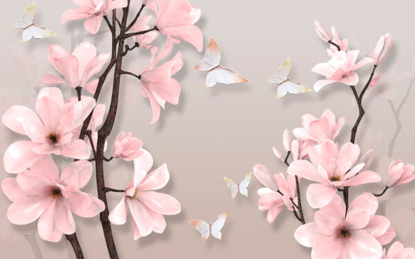 Fiori rosa e farfalle su un albero Fiori rosa e farfalle su un albero