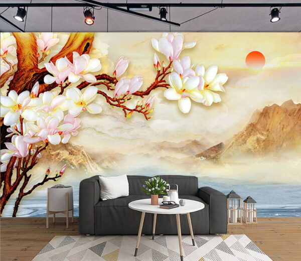 Pittura di un ramo con fiori e montagne sullo sfondo Pittura di un ramo con fiori e montagne sullo sfondo