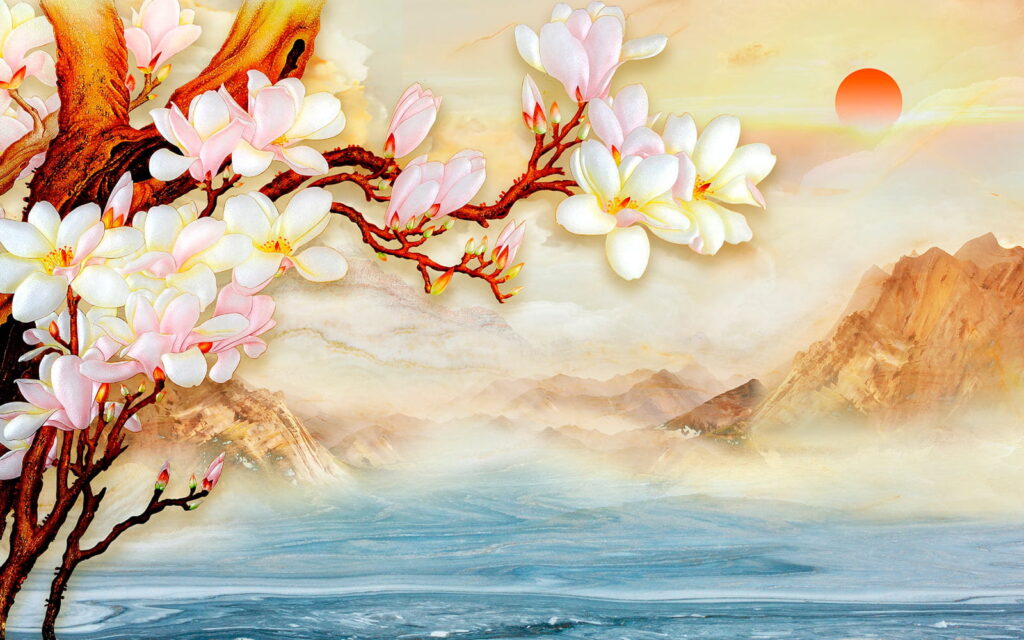 Pittura di un ramo con fiori e montagne sullo sfondo Pittura di un ramo con fiori e montagne sullo sfondo