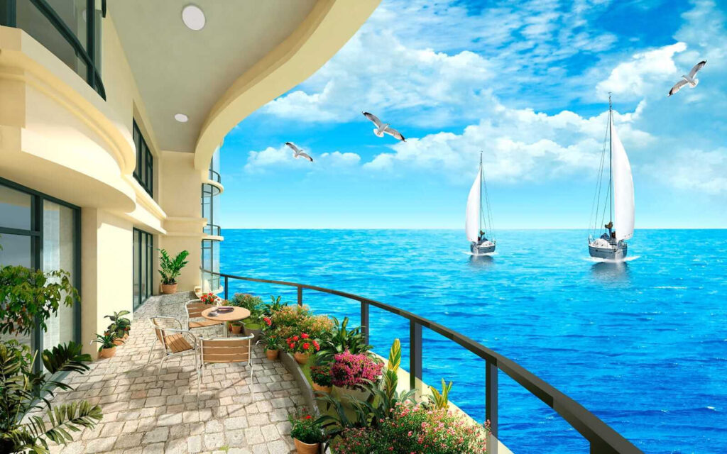 Balcone con vista sull'oceano e sulle imbarcazioni Balcone con vista sull'oceano e sulle imbarcazioni