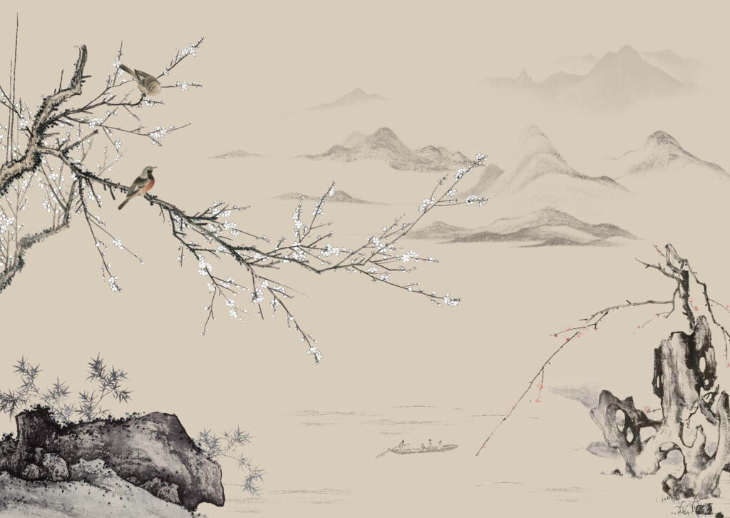 Pittura di uccelli su un ramo Pittura di uccelli su un ramo