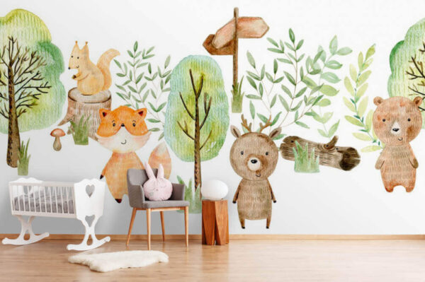 Illustrazione ad acquerello di animali e alberi Illustrazione ad acquerello di animali e alberi