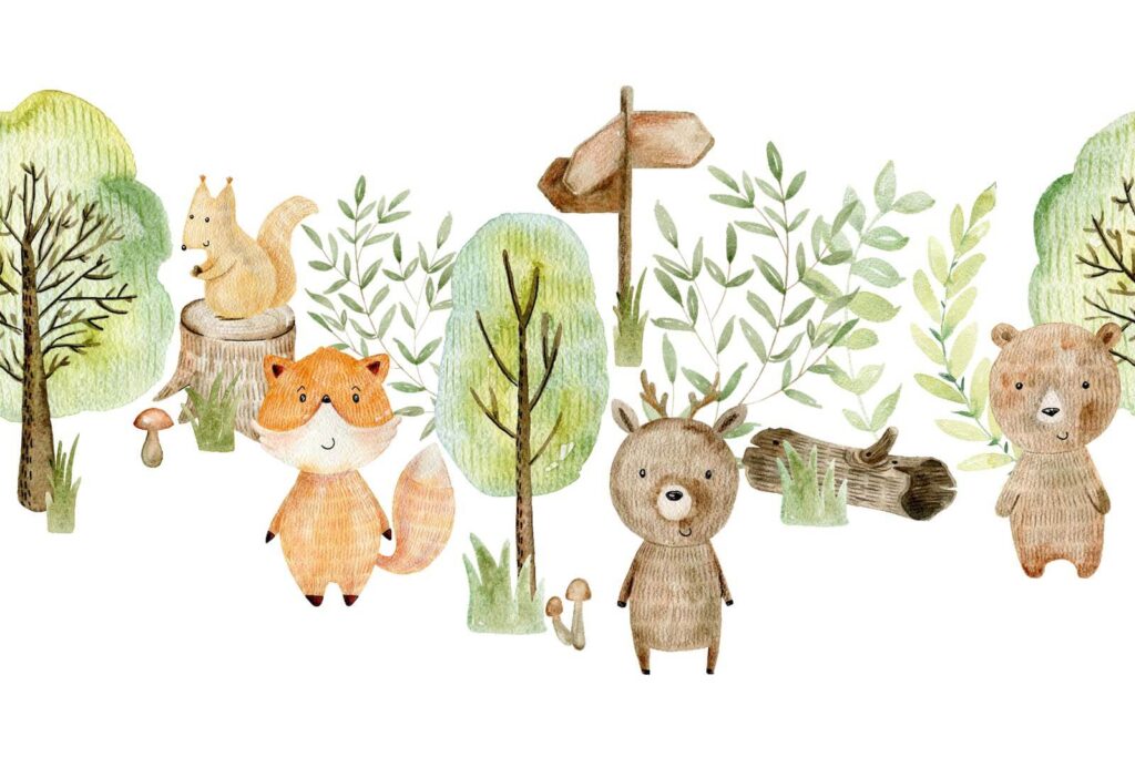 Illustrazione ad acquerello di animali e alberi Illustrazione ad acquerello di animali e alberi