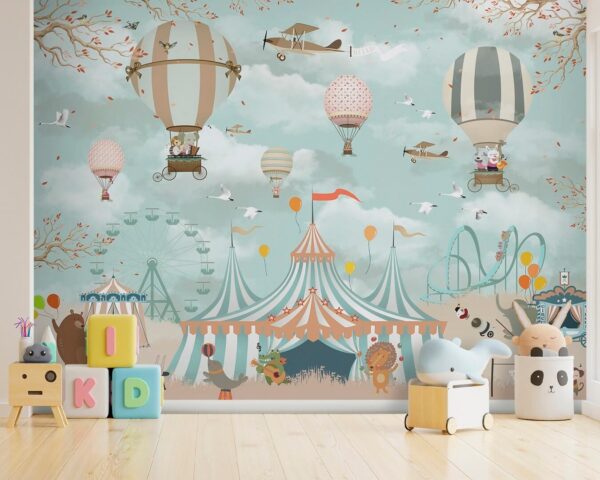Circus tent with hot air balloons and birds
