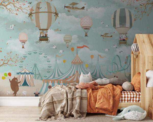 Circus tent with hot air balloons and birds