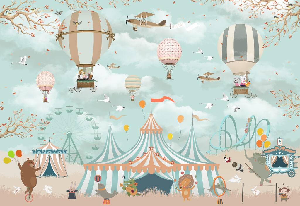 Circus tent with hot air balloons and birds