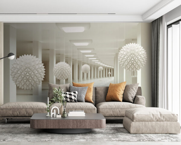 Stanza bianca con palline bianche dal soffitto Stanza bianca con palline bianche dal soffitto