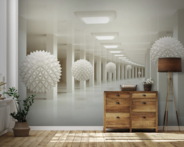 Stanza bianca con palline bianche dal soffitto Stanza bianca con palline bianche dal soffitto