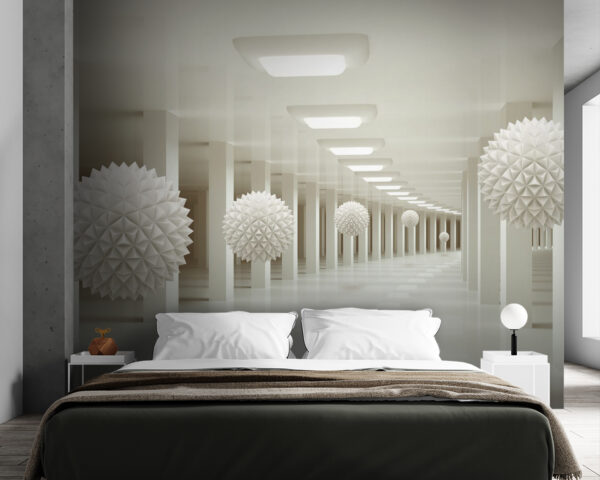 Stanza bianca con palline bianche dal soffitto Stanza bianca con palline bianche dal soffitto