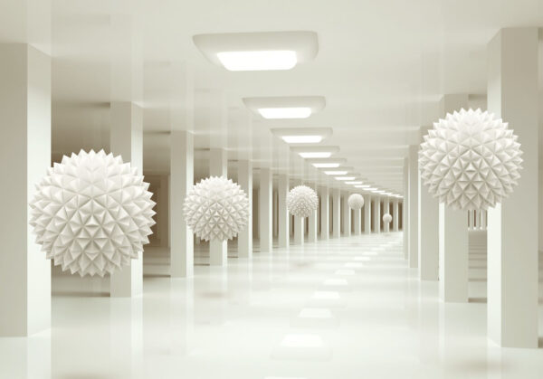 Stanza bianca con palline bianche dal soffitto Stanza bianca con palline bianche dal soffitto