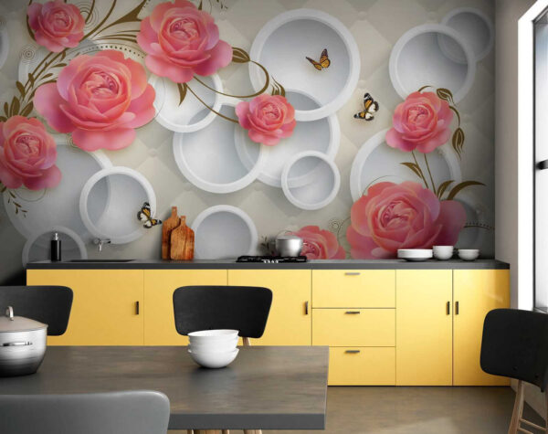Carta da parati con rose e farfalle Carta da parati con rose e farfalle