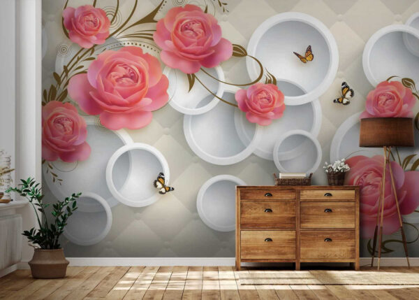 Carta da parati con rose e farfalle Carta da parati con rose e farfalle