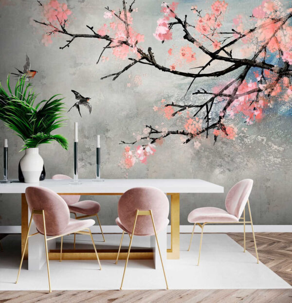 Ramo di albero con fiori rosa e uccelli in volo Ramo di albero con fiori rosa e uccelli in volo