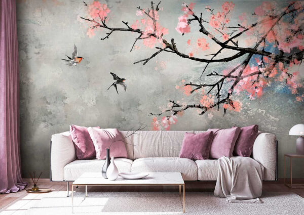 Ramo di albero con fiori rosa e uccelli in volo Ramo di albero con fiori rosa e uccelli in volo