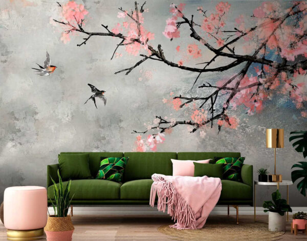 Ramo di albero con fiori rosa e uccelli in volo Ramo di albero con fiori rosa e uccelli in volo