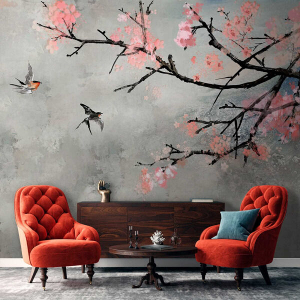 Ramo di albero con fiori rosa e uccelli in volo Ramo di albero con fiori rosa e uccelli in volo