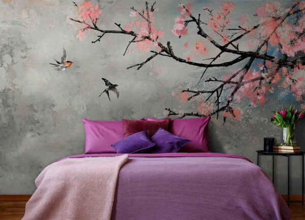 Ramo di albero con fiori rosa e uccelli in volo Ramo di albero con fiori rosa e uccelli in volo