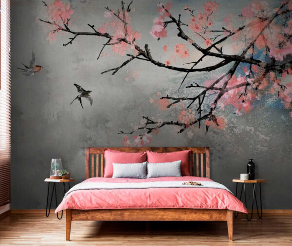 Ramo di albero con fiori rosa e uccelli in volo Ramo di albero con fiori rosa e uccelli in volo
