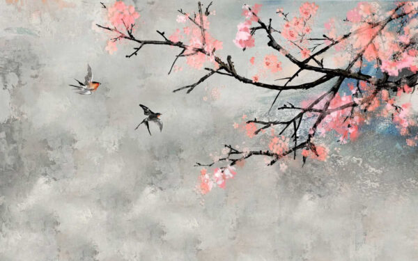 Ramo di albero con fiori rosa e uccelli in volo Ramo di albero con fiori rosa e uccelli in volo